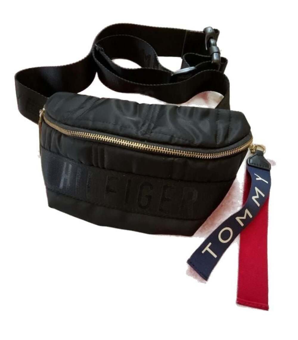 Tommy Black Gold Travel Puffer Cross Body Fanny Pack Belt Bag Branded Strap